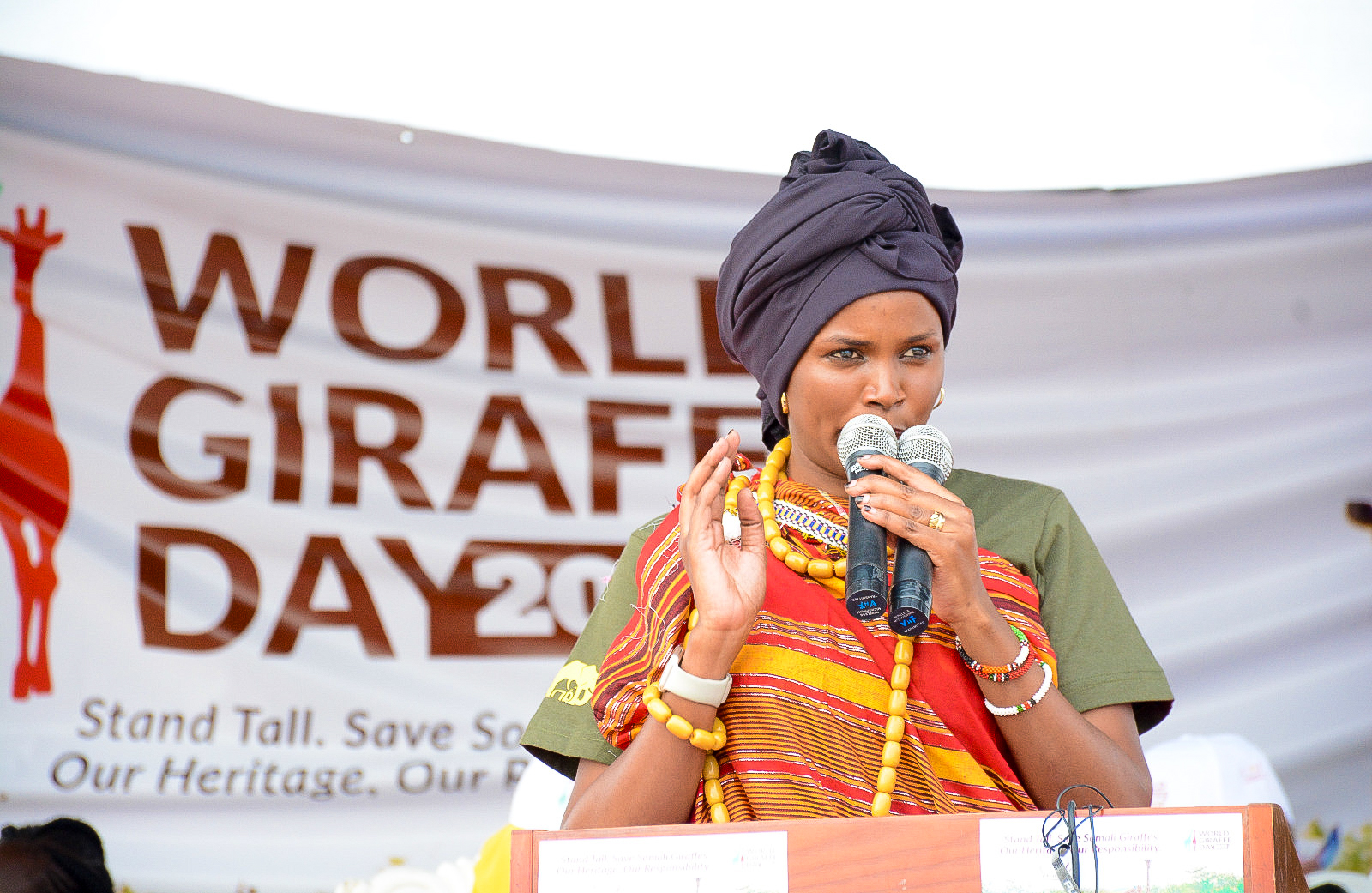 The Principal Secretary, State Department for Wildlife, Ms. Silvia Museiya, addressing the crowd during the World Giraffe Day celebrations, in Habaswein, Wajir County.