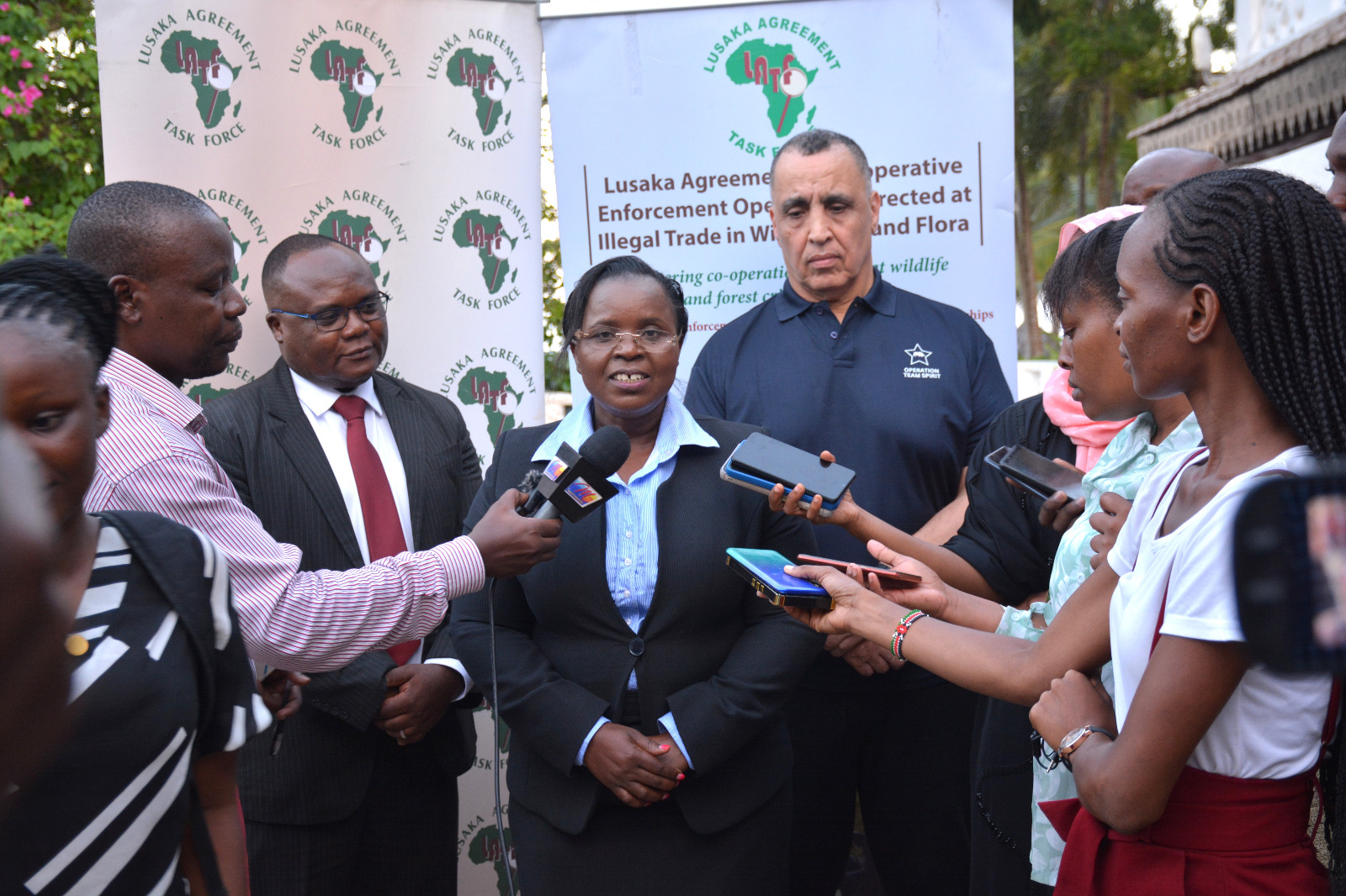 CS Malonza addressing the media during the Lusaka Agreement Cooperative Enforcement Operations Directed at Illegal Trade in Wild Fauna and Flora Workshop.