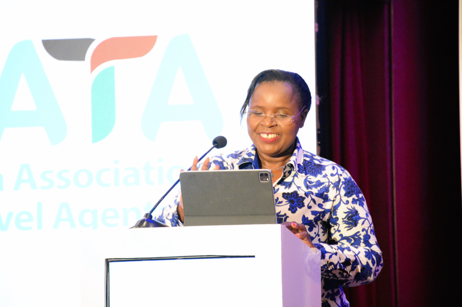 The Cabinet Secretary, Hon. Peninah Malonza, delivering her keynote address at the Kenya Association of Travel Agents annual convention and Annual General Meeting, in Naivasha.