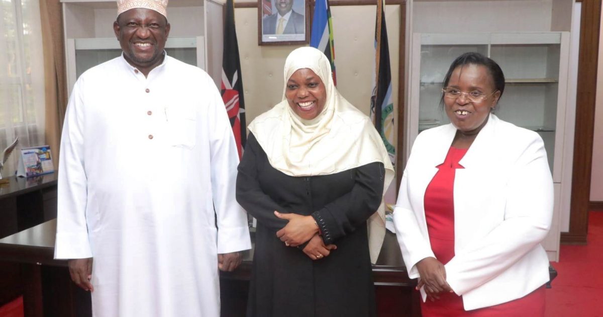 On the right Cabinet Secretary Tourism,Wildlife & Heritage Peninah Malonza, with Kwale Governor Fatuma Achani in the middle and to the left Cabinet Secretary Mining, Blue Economy, and Maritime Affairs ,Salim Mvurya