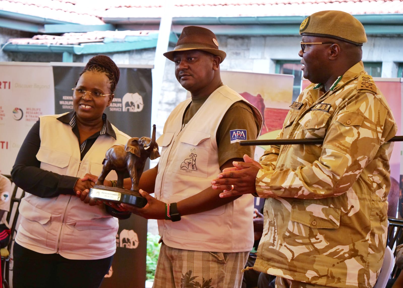 Left to right: The Cabinet Secretary, Hon. Peninah Malonza, with the Executive Director of Elephants Neighbors Center, Jim Nyamu, and Kenya Wildlife Service Ag. Director General, Dr. Erastus Kanga, at the flagging off of the East and Central Africa Campaign Walk, at the National Museums of Kenya, Nairobi.