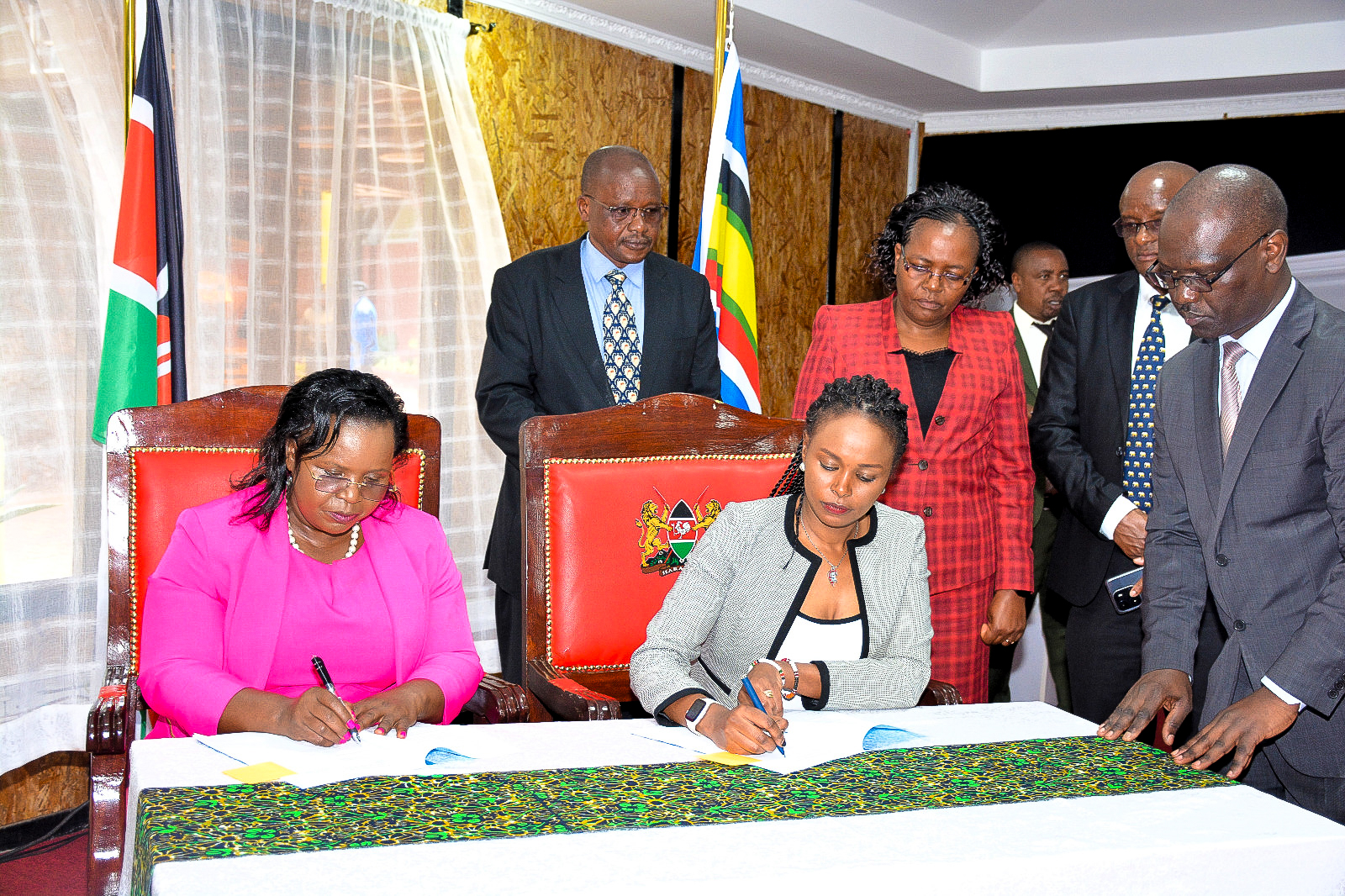 The Cabinet Secretary, Hon. Peninah Malonza, signing the performance contract for the financial year 2023/2024 with the Principal Secretary State Department for Wildlife, Ms. Silvia Museiya.