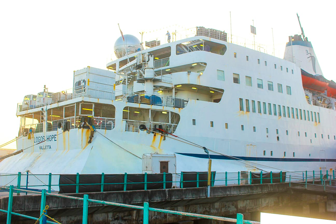 MV Logos Hope at Mbaraki Wharf, next to Likoni Ferry channel, Mombasa.