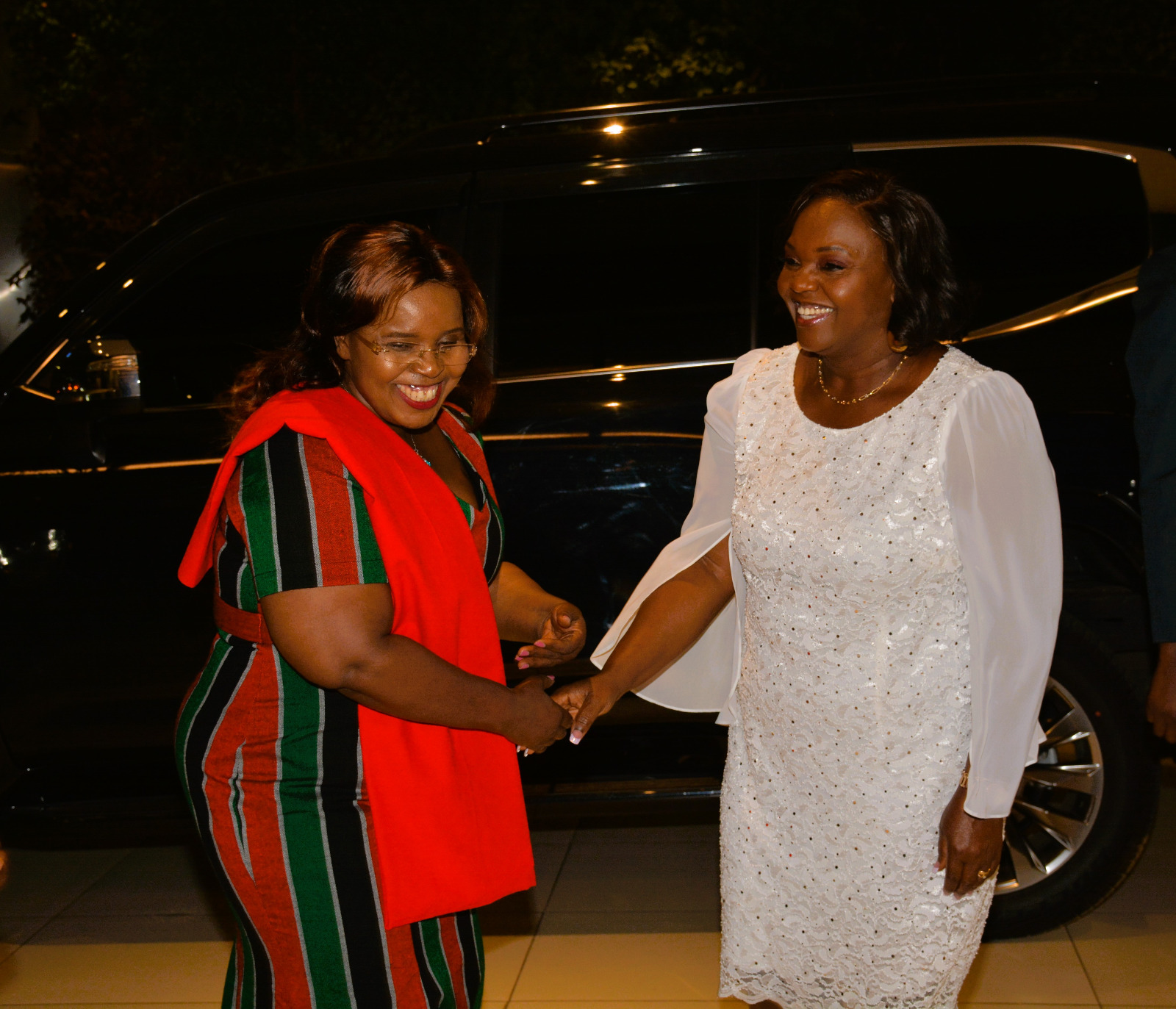 The Cabinet Secretary for Tourism, Wildlife and Heritage, Hon. Peninah Malonza (left), welcoming the Second Lady of the Republic of Kenya, H.E pastor Dr. Dorcas Rigathi (right).