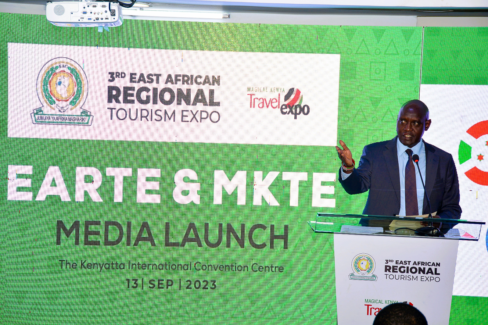 The Principal Secretary State Department for Tourism, Hon. John Olotuaa, giving his remarks during the East African Regional Tourism Expo and Magical Kenya Travel Expo launch.