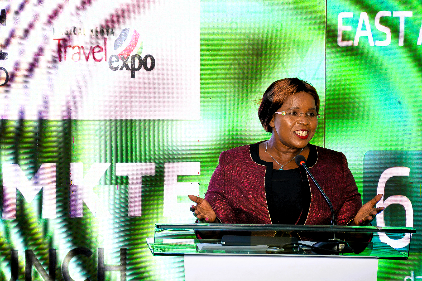 The Cabinet Secretary, Hon. Peninah Malonza, giving her speech during the East African Regional Tourism Expo and Magical Kenya Travel Expo launch.