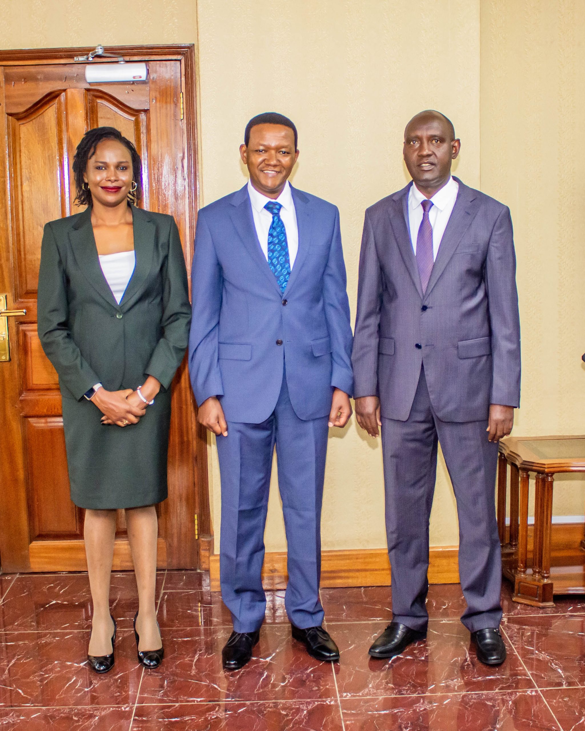Cabinet Secretary(CS) Dr. Alfred Mutua (Middle) takes a photo with Principal Secretary (PS) Wildlife Ms. Silvia Museiya(Left) and Principal Secretary (PS) Tourism Mr. John Ololtuua (Right).