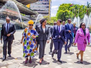 Cabinet Secretary(CS) Ministry of Tourism and Wildlife, Dr Alfred Mutua arrives at the KICC for a meeting with Board Chairmen and CEOs of Parastatals and senior Ministry official to engage on how to conserve wildlife and driveup tourists visit to the country. He is flanked by Secretary Administration (SA) Wildlife Mr. John Chelimo, KICC board Chair, Mrs Adelina Mwau, Principal Secretary (PS) Wildlife Ms Silvia Museiya and KICC CEO Mr. Patricia Ondeng.