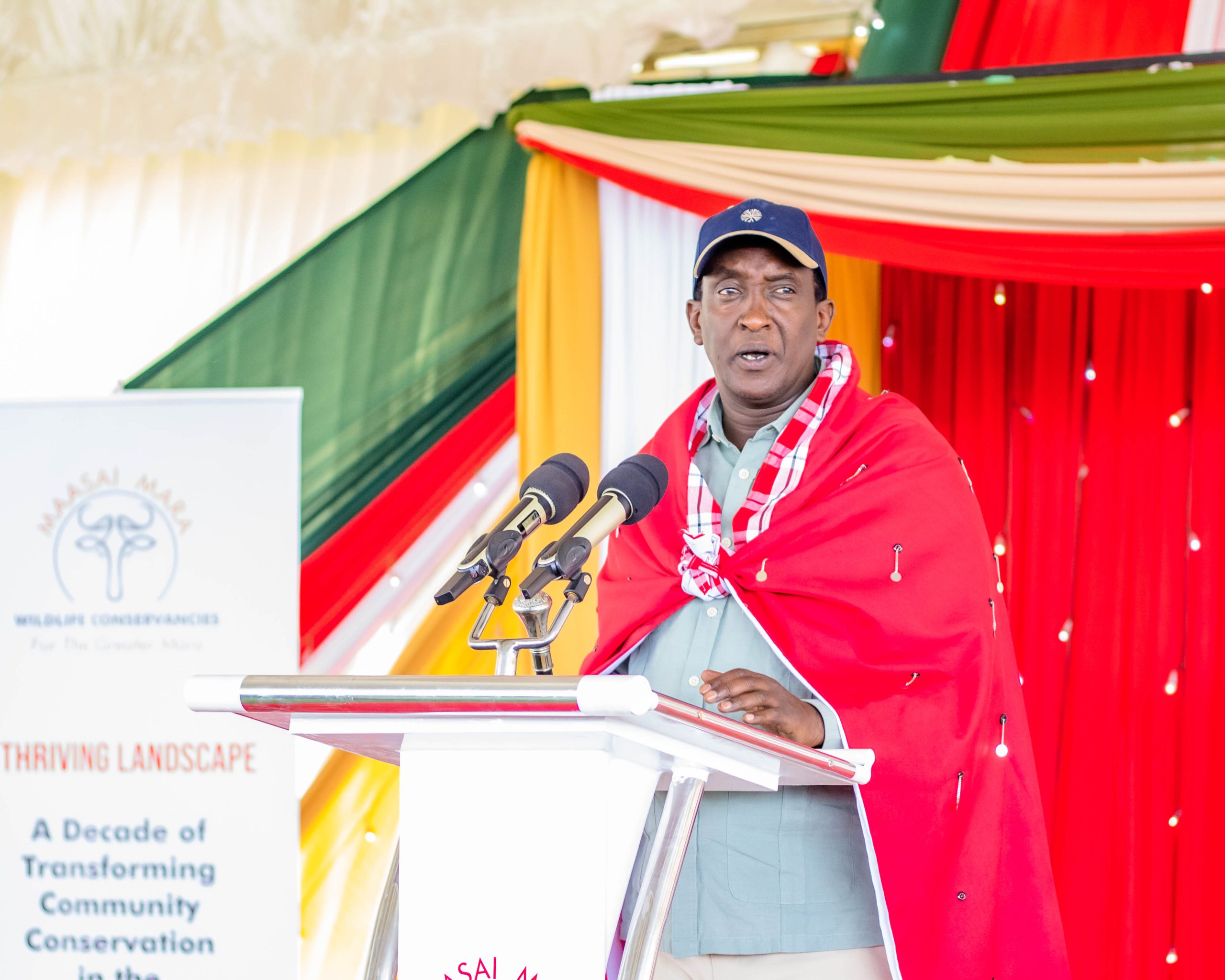 Narok Governor, H.E. Patrick Ole Ntutu, giving his remarks during the 10th anniversary of the Maasai Mara Wildlife Conservancies, in Narok County.