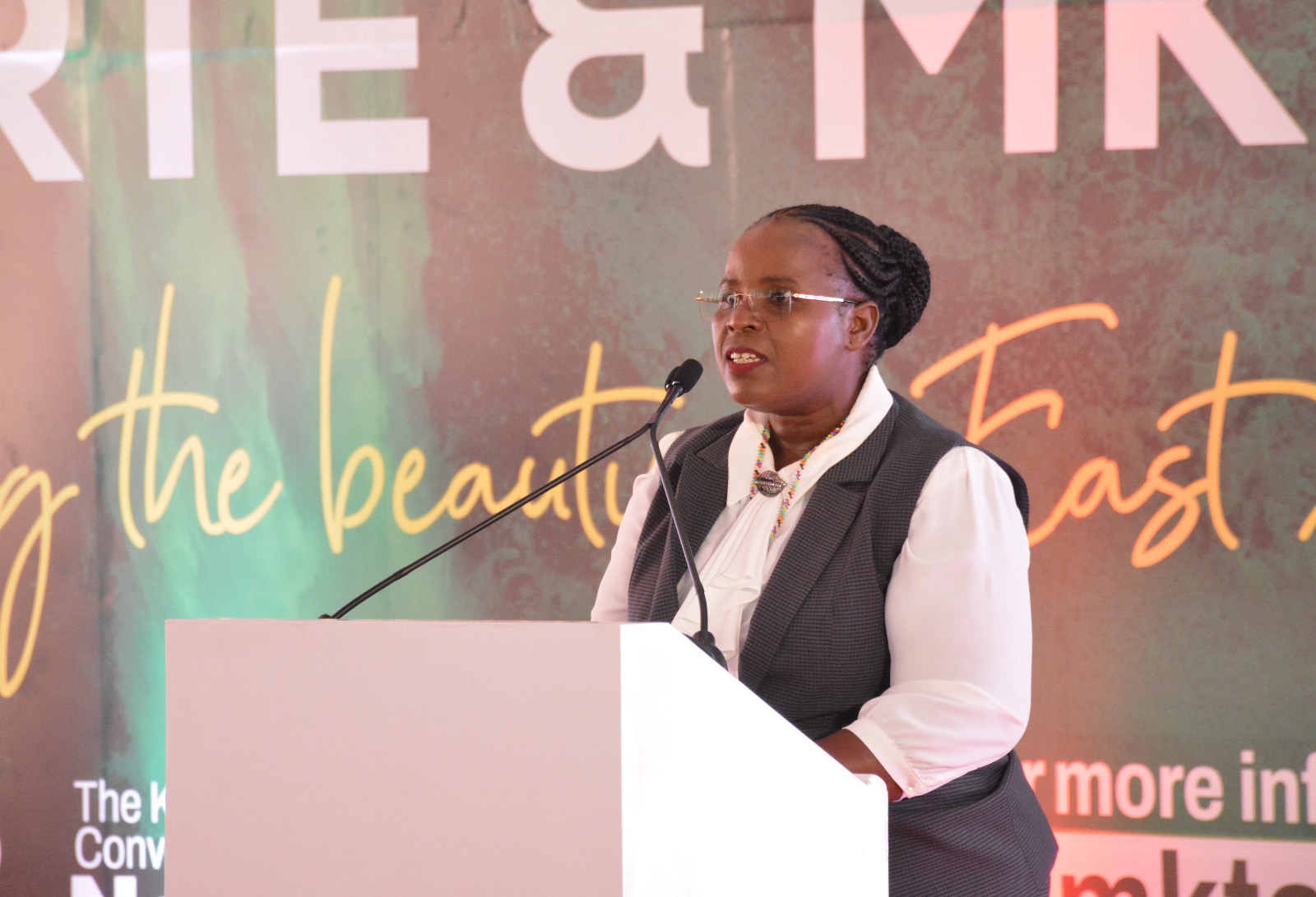 The Cabinet Secretary for East African Community, the ASALs and Regional Development-Kenya, Hon. Peninah Malonza, giving her remarks at the official opening of the 3rd East African Regional Tourism Expo and Magical Kenya Travel Expo, at the Kenyatta International Convention Centre.