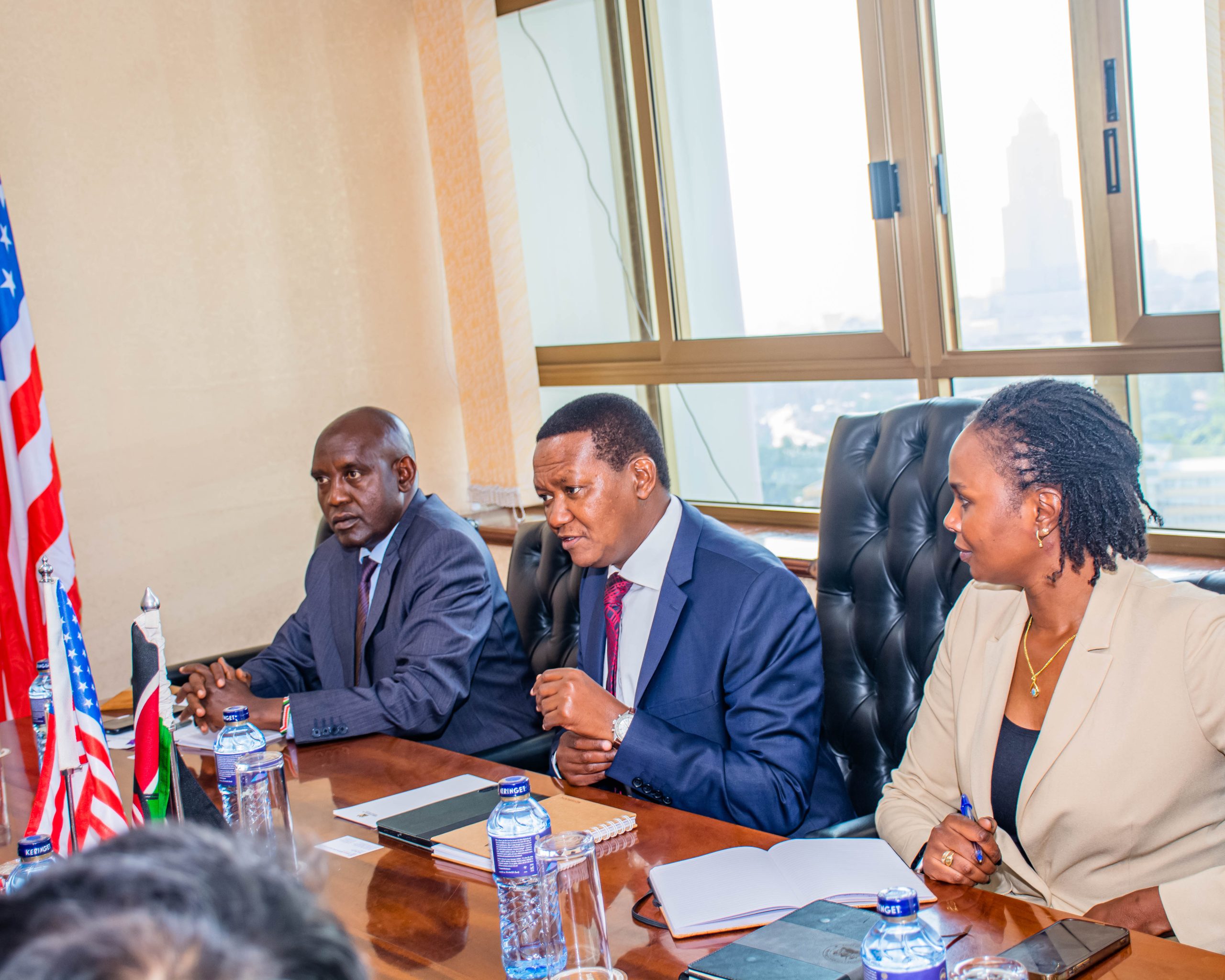 The Principal Secretary State Department for Tourism, John Ololtuaa (left), the Cabinet Secretary Ministry of Tourism and Wildlife, Dr. Alfred Mutua (centre), and the Principal Secretary State Department for Wildlife, Silvia Museiya (right), during the meeting.