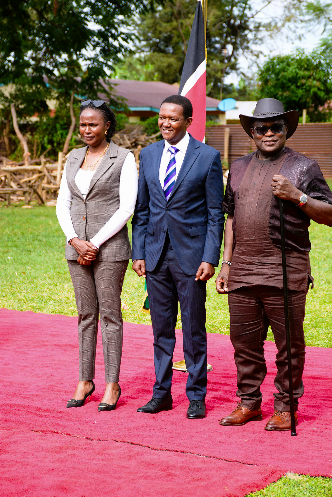 The Principal Secretary, State Department for Wildlife, Ms. Silvia Museiya (left); the Cabinet Secretary, Ministry of Tourism and Wildlife, Dr. Alfred Mutua (centre), and the Governor of Bungoma County, H.E. Rt. Hon. Kenneth Lusaka (right), pose for a photo during the press briefing.