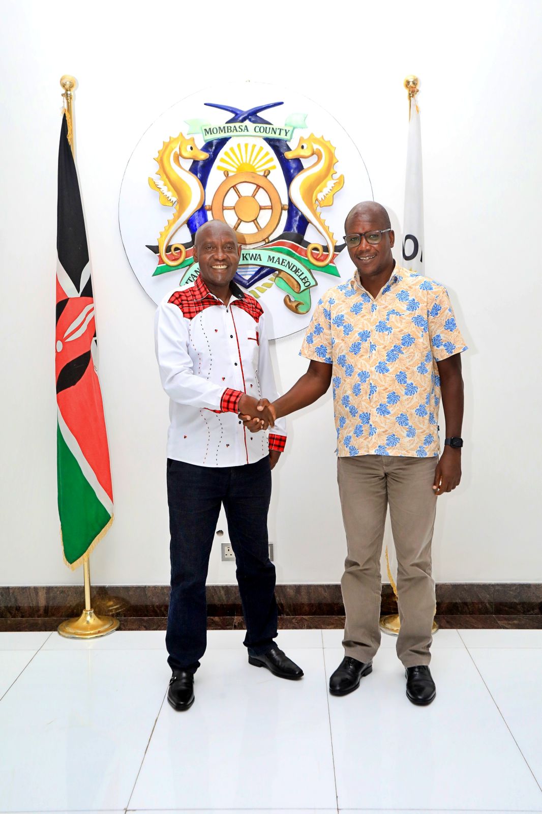 PS Tourism John Olotuaa (L) with Mombasa County Deputy Governor Francis Thoya (R) at Mombasa County offices.