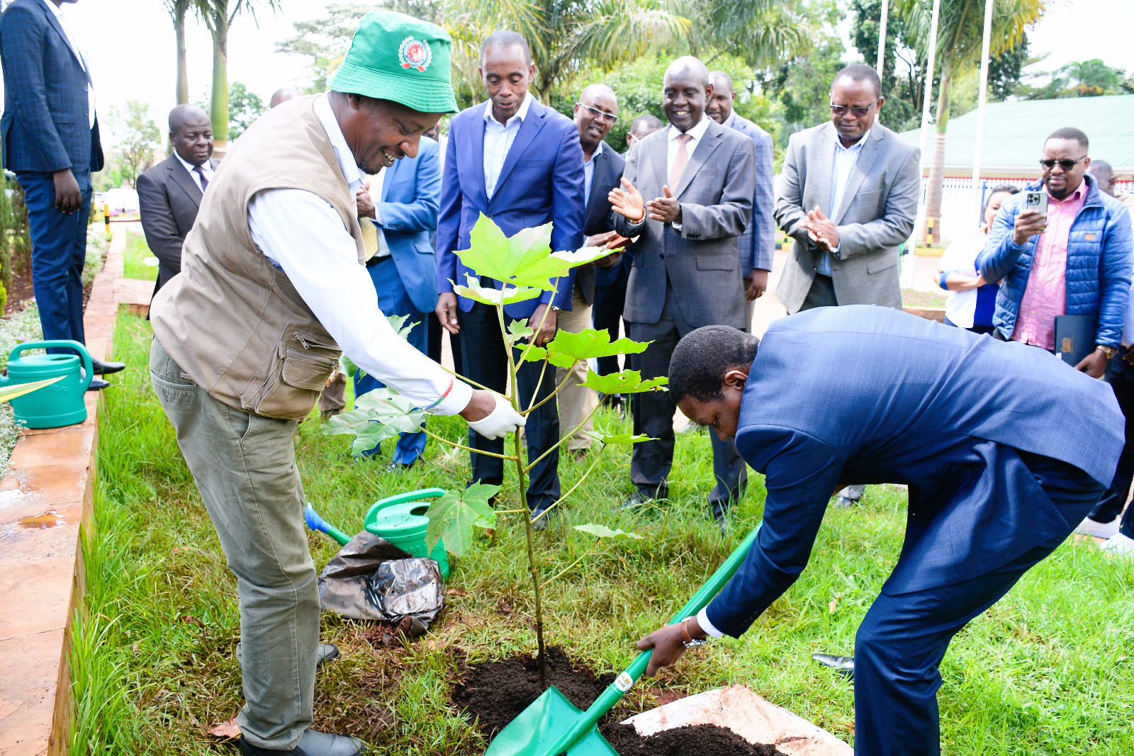 The Cabinet Secretary, Ministry of Tourism and Wildlife, Dr. Alfred Mutua (right), planting a tree at the Office of the Governor, Kiambu County.