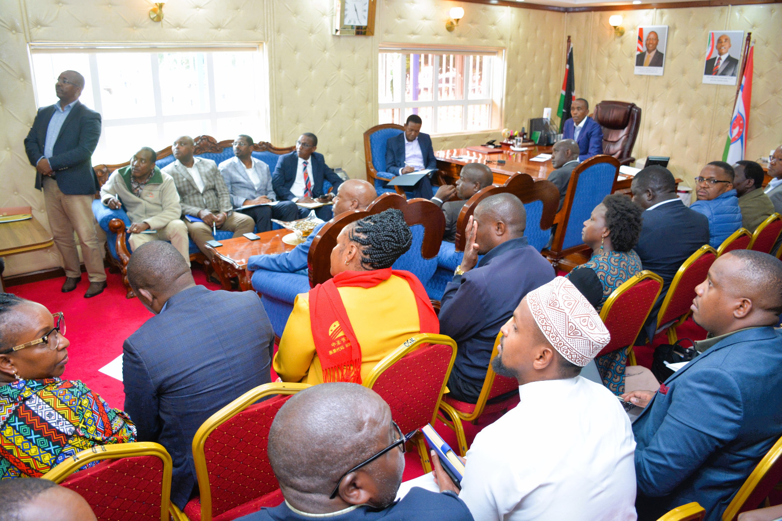 The Cabinet Secretary, Ministry of Tourism and Wildlife, Dr. Alfred Mutua; Kiambu County Governor, H.E. Dr. Paul Wamatangi; senior Ministry and County officials, listening on to a presentation made by the county.