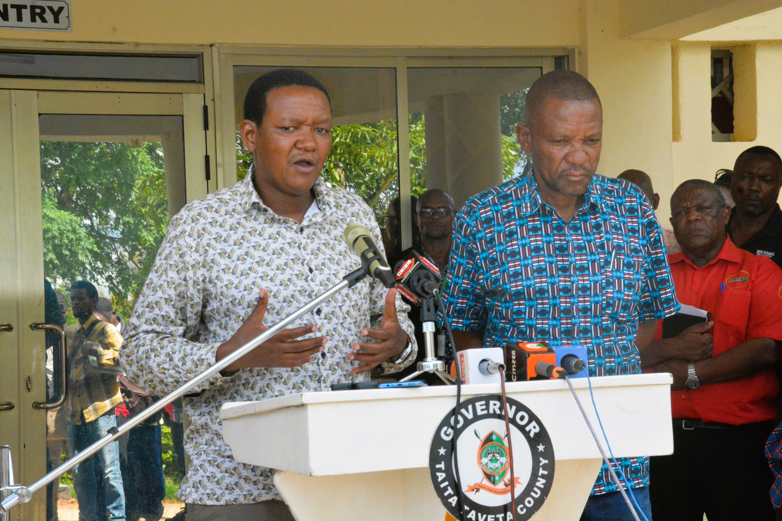 The Cabinet Secretary, Ministry of Tourism and Wildlife, Dr. Alfred Mutua (left) addressing the media.
