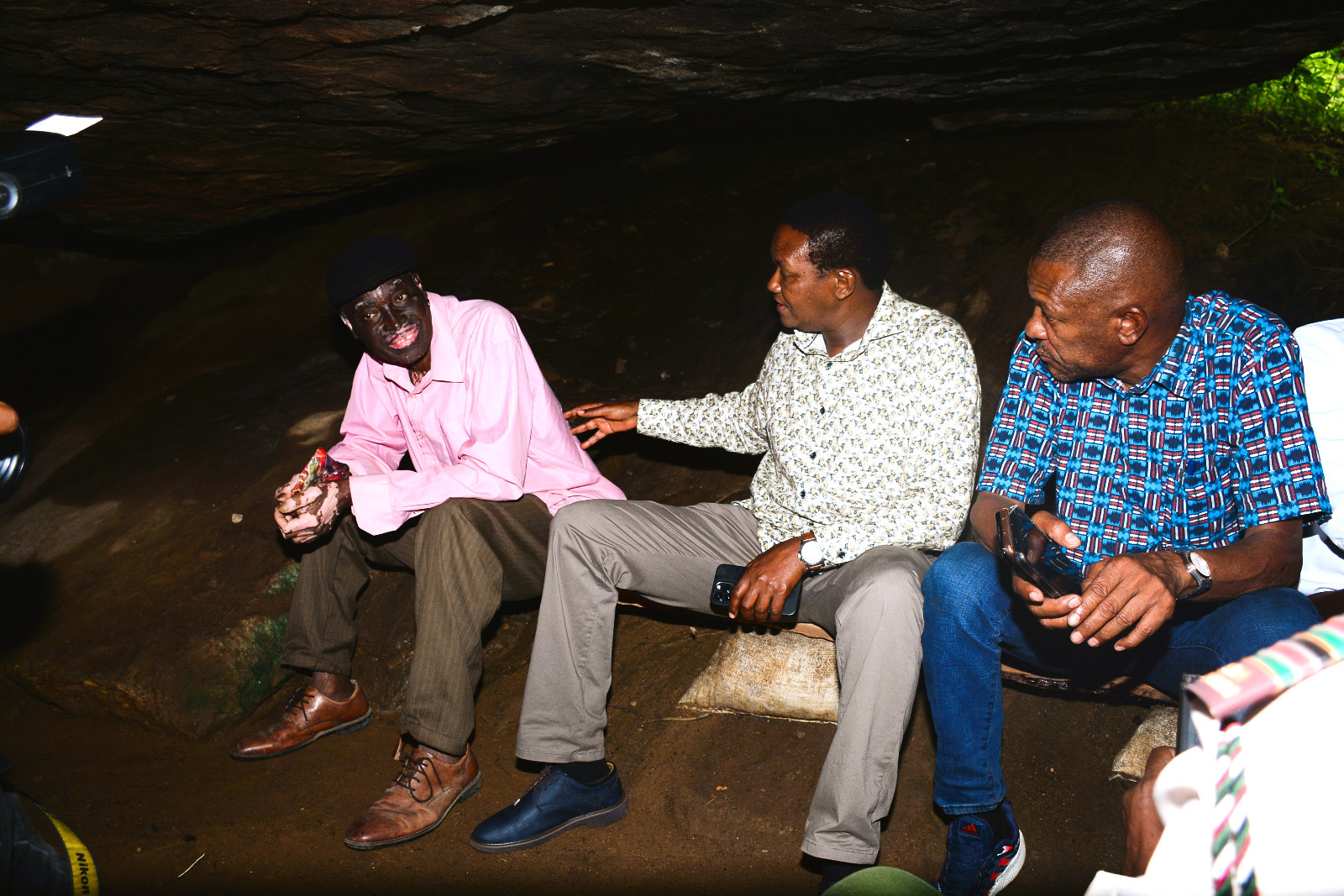 The Cabinet Secretary, Ministry of Tourism and Wildlife, Dr. Alfred Mutua (centre), and the Governor of Taita Taveta, H.E. Andrew Mwadime (right), during their visit at Jomo Kenyatta Caves, in Wundanyi.